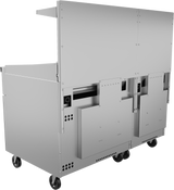 A stainless steel commercial kitchen cart with locking caster wheels, vented panels, and two rectangular compartments or doors on one side—ideal for food prep or storing a thermostatic griddle. The top features an overhanging shelf and a sleek, modern surface.