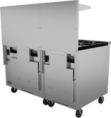 A stainless steel restaurant range on wheels, featuring two compartments and gas burner grates on top. The appliance has vents, handles, and is built for mobility and functionality in a professional cooking environment.