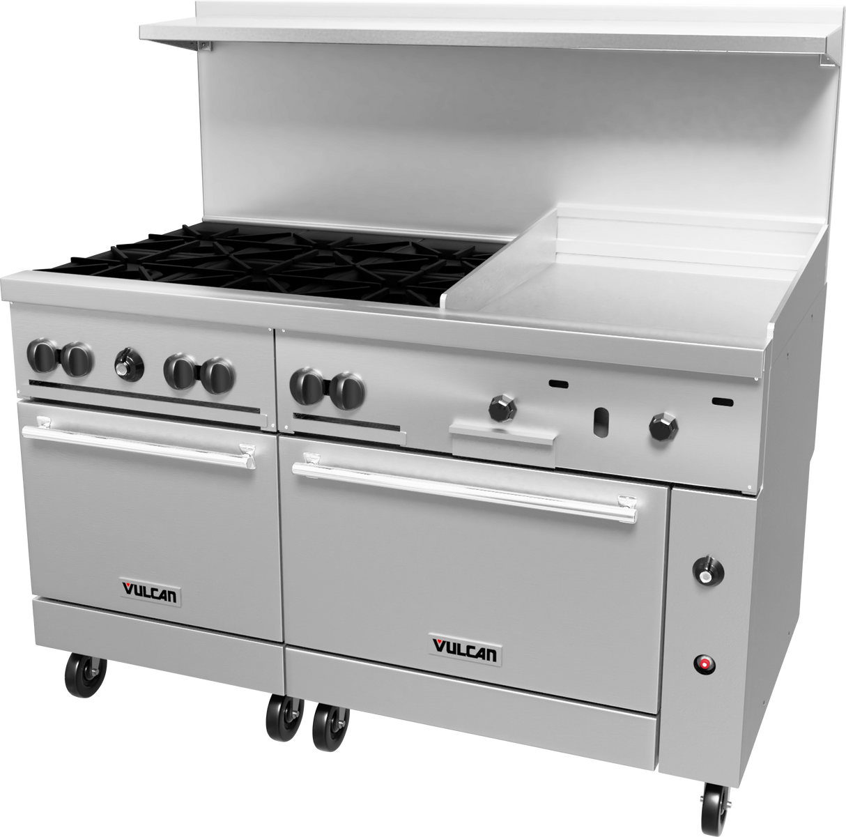 A commercial stainless steel restaurant range featuring two ovens, six black gas burners on the left, a thermostatic griddle on the right, front control knobs, raised backsplash, and four wheels. The unit is labeled Vulcan.