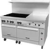 A commercial stainless steel Vulcan restaurant range features a six-burner gas range on the left, a thermostatic griddle on the right, two ovens below, backsplash, and casters for mobility. Front control knobs and oven handles are clearly visible.