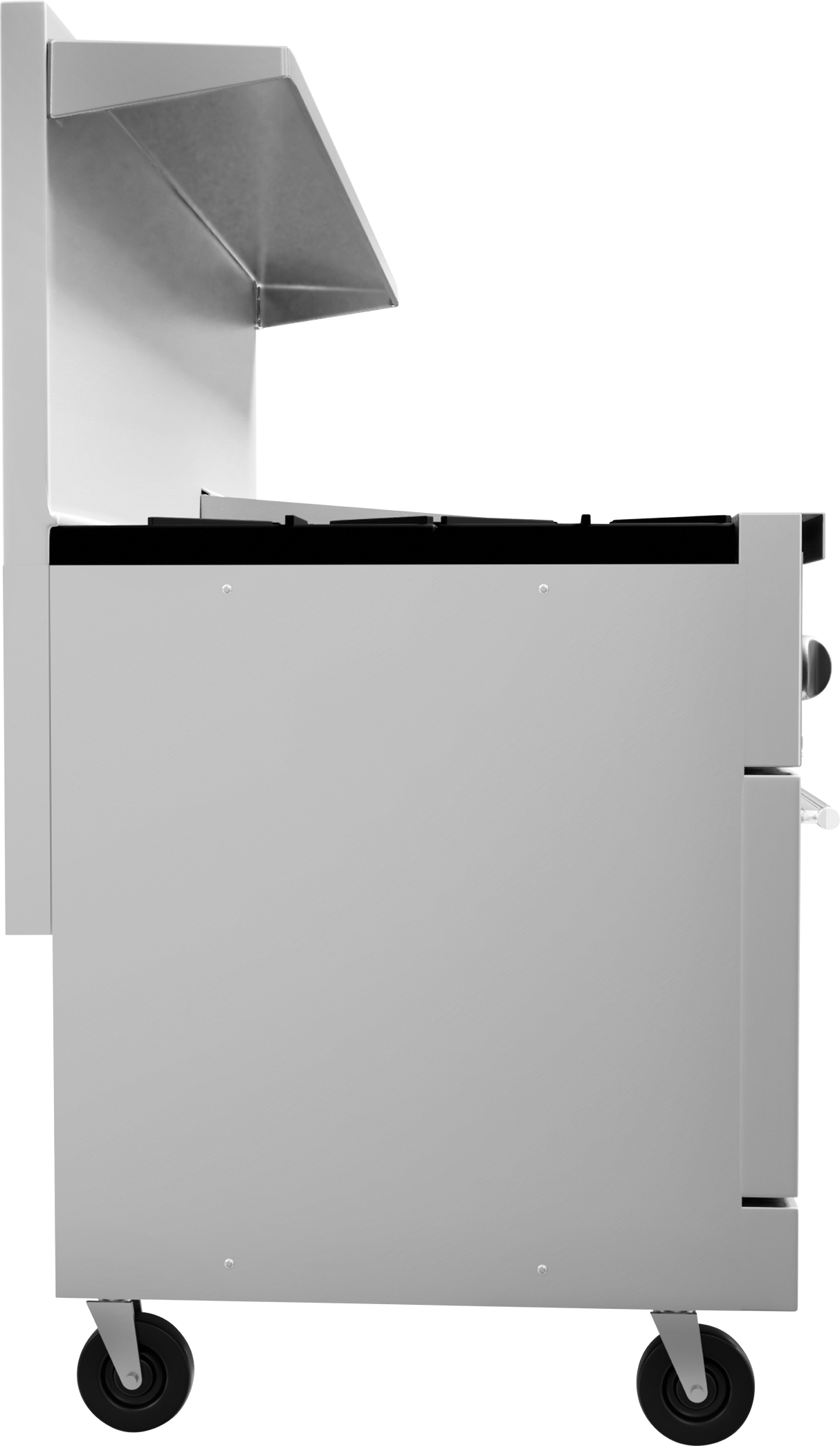 A side view of a metallic utility cart on four black caster wheels, with an open top lid and a side handle. Styled to complement modern appliances like a gas range, the cart features a smooth, silver finish and sleek rectangular design.