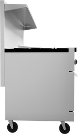 A side view of a metallic utility cart on four black caster wheels, with an open top lid and a side handle. Styled to complement modern appliances like a gas range, the cart features a smooth, silver finish and sleek rectangular design.