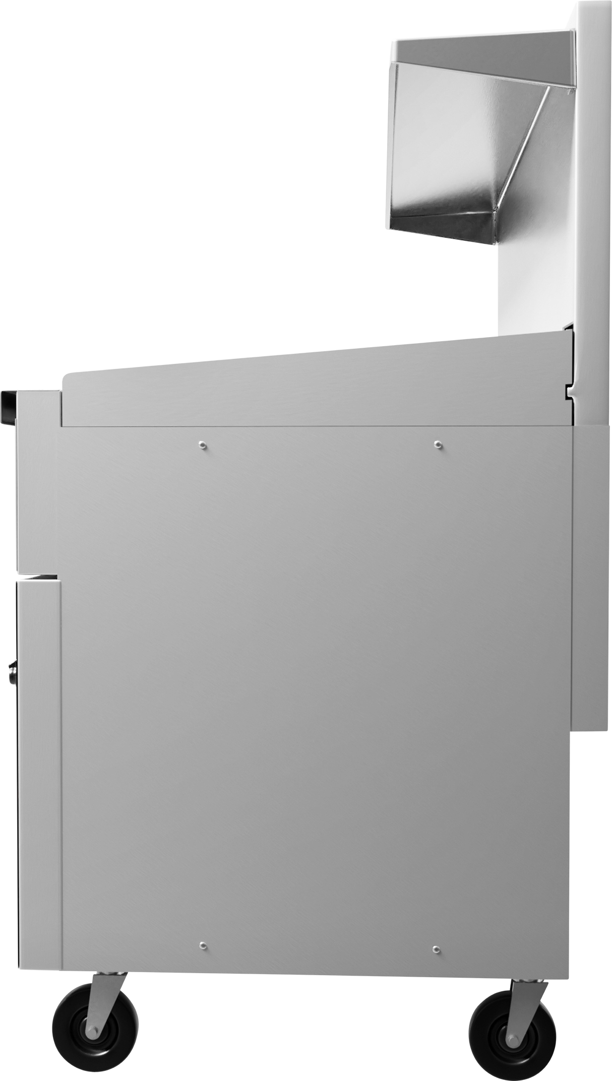 Side view of a stainless steel commercial kitchen cart with two black wheels, flat front panel, and an upper compartment featuring an angular extension—ideal for use alongside a thermostatic griddle or restaurant range. The background is plain white.