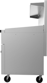 Side view of a stainless steel commercial kitchen cart with two black wheels, flat front panel, and an upper compartment featuring an angular extension—ideal for use alongside a thermostatic griddle or restaurant range. The background is plain white.