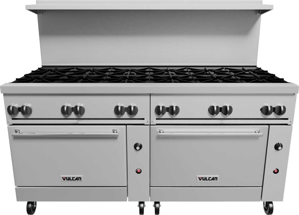 A large commercial stainless steel restaurant range with eight gas burners, two gas ovens beneath, and control knobs along the front. The brand Vulcan is visible on both oven doors. An overhead backsplash is attached behind the burners.