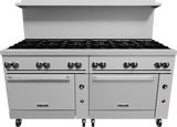 A large commercial stainless steel restaurant range with eight gas burners, two gas ovens beneath, and control knobs along the front. The brand Vulcan is visible on both oven doors. An overhead backsplash is attached behind the burners.