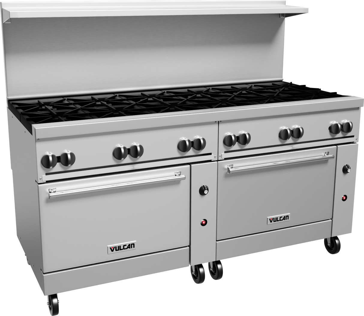 A large commercial restaurant range by Vulcan features two gas ovens below and ten burners on top. Equipped with control knobs along the front, this stainless steel unit is mounted on wheels for easy mobility. The brand name appears on both oven doors.