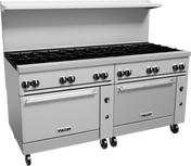 A large commercial restaurant range by Vulcan features two gas ovens below and ten burners on top. Equipped with control knobs along the front, this stainless steel unit is mounted on wheels for easy mobility. The brand name appears on both oven doors.