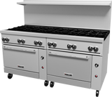 A large commercial stainless steel restaurant range with eight burners, double gas ovens below, multiple control knobs, and caster wheels for mobility. The back features a raised shelf and backsplash, with the Vulcan brand logo on each oven door.
