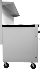 Side view of a stainless steel cart or grill with raised lid, black cooking grates, large handle, and two black wheels. The industrial design evokes a restaurant range, making it ideal for outdoor cooking or food preparation.