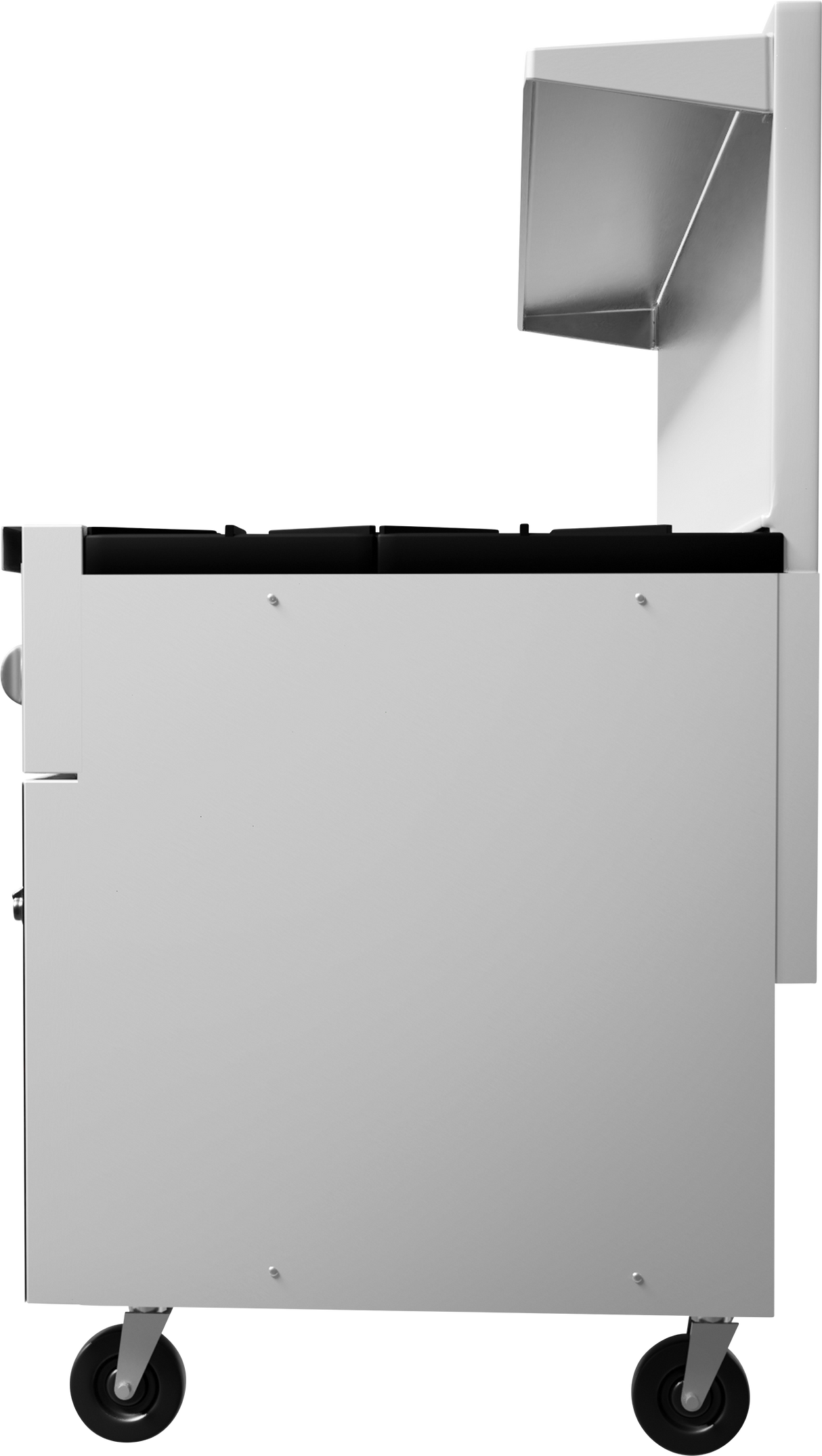 Side view of a modern, stainless steel wheeled food cart or kitchen appliance, featuring a sleek rectangular body, black wheels, and a raised metal compartment on top. The minimalist design is reminiscent of a compact restaurant range.