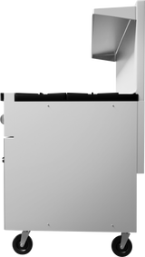 Side view of a modern, stainless steel wheeled food cart or kitchen appliance, featuring a sleek rectangular body, black wheels, and a raised metal compartment on top. The minimalist design is reminiscent of a compact restaurant range.