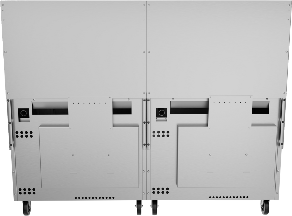 Rear view of two large, identical stainless steel cabinets on wheels, side by side. Each features vent holes, rectangular panels, and black circular ports. The industrial-looking cabinets have visible screws and structural panels.