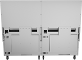 Rear view of two large, identical stainless steel cabinets on wheels, side by side. Each features vent holes, rectangular panels, and black circular ports. The industrial-looking cabinets have visible screws and structural panels.