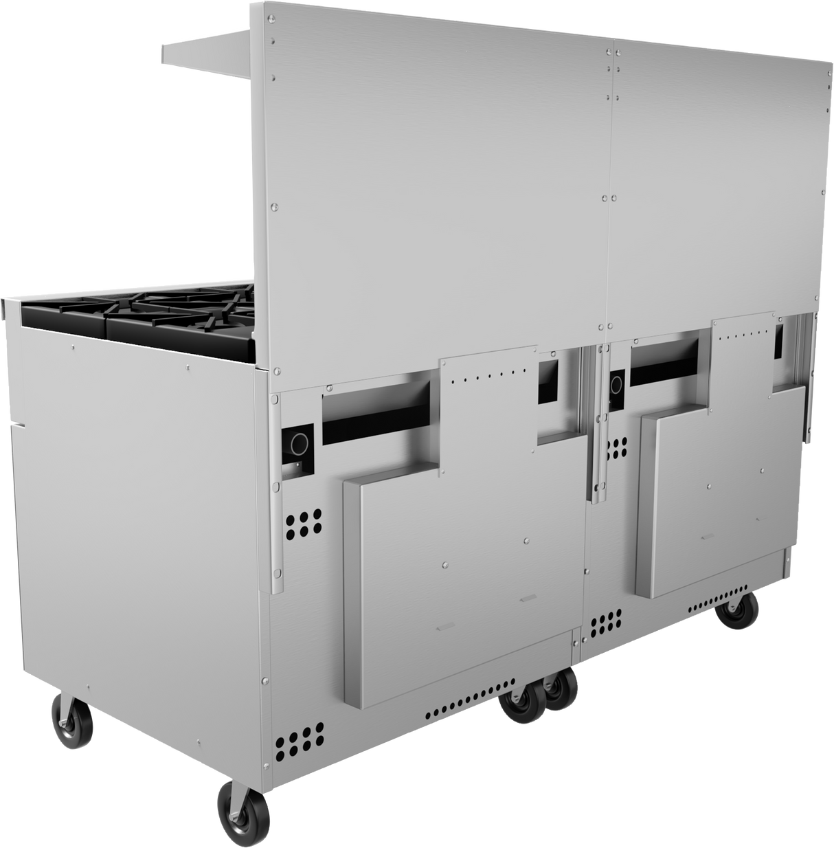 A large stainless steel restaurant range on wheels, featuring multiple compartments and ventilation slots. The unit has an open-top section revealing gas burners on the left, with panel doors and handles for storage or internal access.