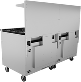 A large stainless steel restaurant range on wheels, featuring multiple compartments and ventilation slots. The unit has an open-top section revealing gas burners on the left, with panel doors and handles for storage or internal access.