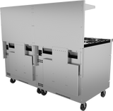 A stainless steel restaurant range with 12 burners on casters, featuring flat panels, vents, and compartments. This modular gas oven unit has accessible back panels and ventilation slots, ideal for industrial or restaurant use. The background is plain white.