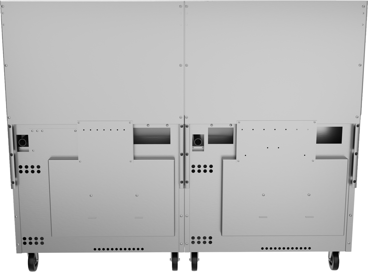 The image shows the back view of a large, metallic, rectangular restaurant range with a split down the middle, mounted on four caster wheels. Ventilation holes, panels, and ports suggest it's modular or integrates features like a charbroiler or gas griddle.