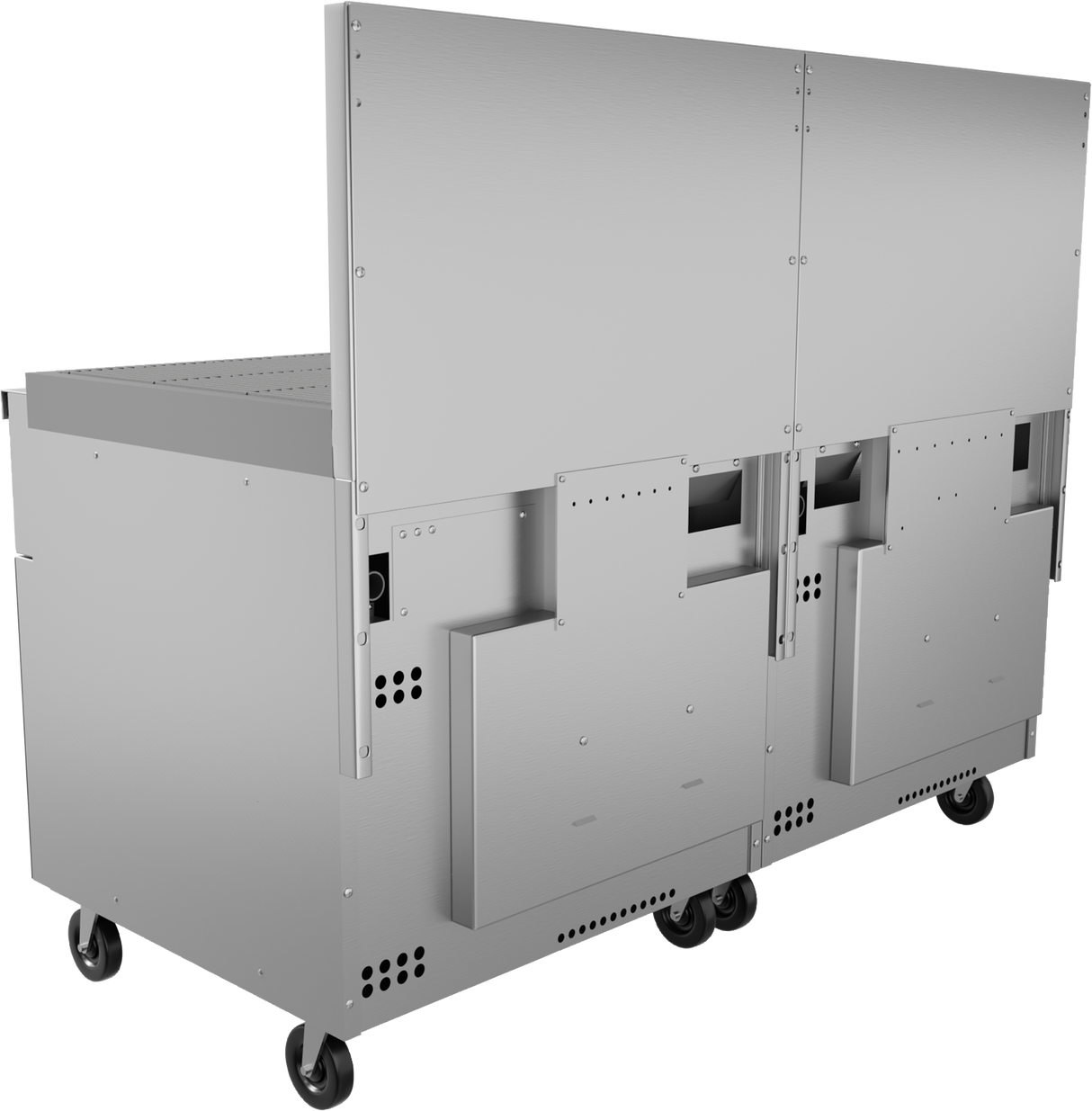 A large stainless steel commercial kitchen appliance on four caster wheels, featuring a gas griddle, two compartment doors with handles and ventilation holes, plus a tall back panel. The industrial design is modern and perfect for food service environments.