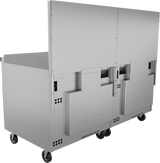 A large stainless steel commercial kitchen appliance on four caster wheels, featuring a gas griddle, two compartment doors with handles and ventilation holes, plus a tall back panel. The industrial design is modern and perfect for food service environments.