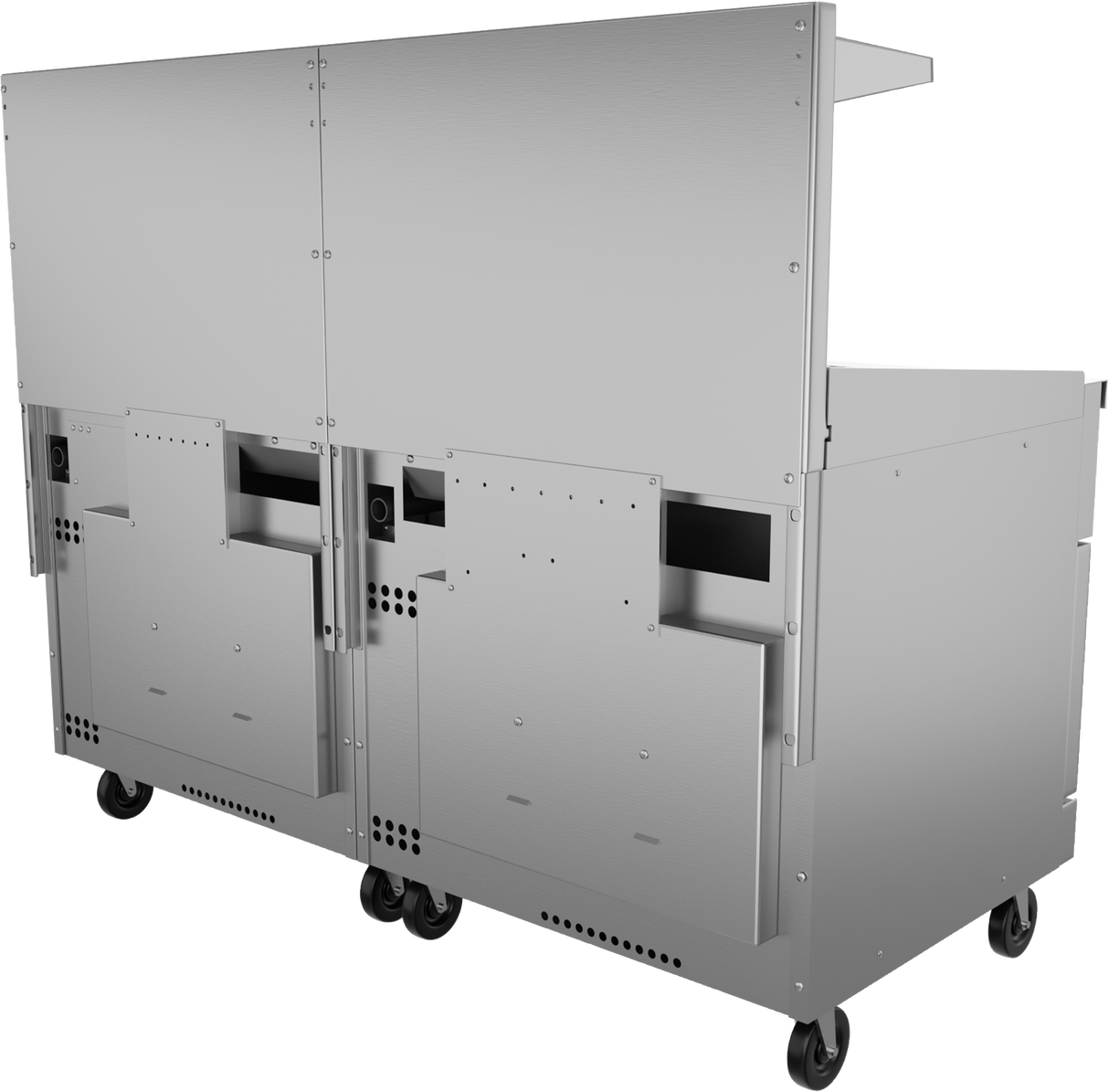 A large, industrial stainless steel kitchen cart with a flat top, multiple compartments, and panels—ideal for supporting a restaurant range or gas griddle. Features four black caster wheels, ventilation holes, and a modern, sturdy design for commercial use.