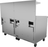 A large, industrial stainless steel kitchen cart with a flat top, multiple compartments, and panels—ideal for supporting a restaurant range or gas griddle. Features four black caster wheels, ventilation holes, and a modern, sturdy design for commercial use.