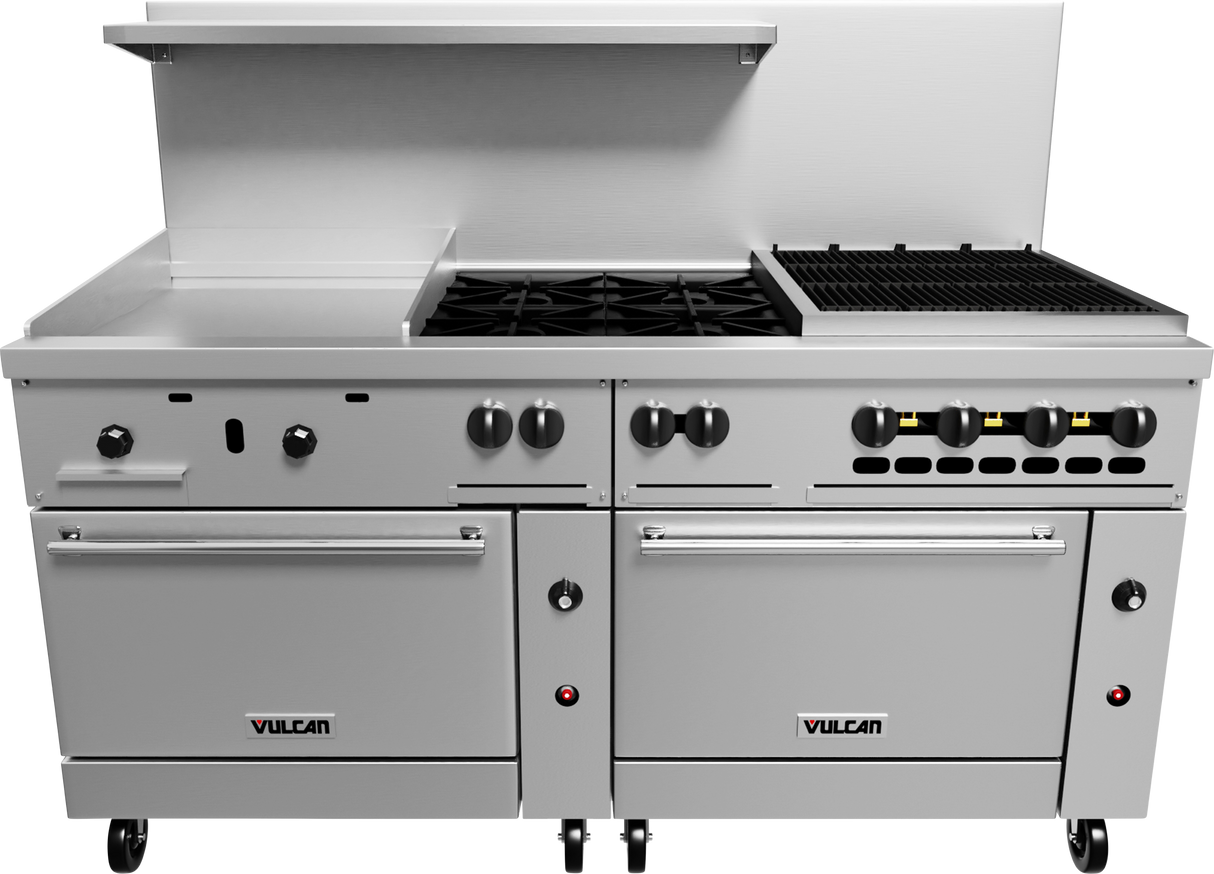 A commercial stainless steel Vulcan restaurant range featuring an oven, gas griddle, stovetop burners, a charbroiler, control knobs, a backsplash, and an overhead shelf, all set on wheels for easy mobility.