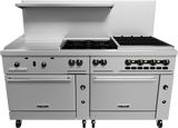 A commercial stainless steel Vulcan restaurant range featuring an oven, gas griddle, stovetop burners, a charbroiler, control knobs, a backsplash, and an overhead shelf, all set on wheels for easy mobility.