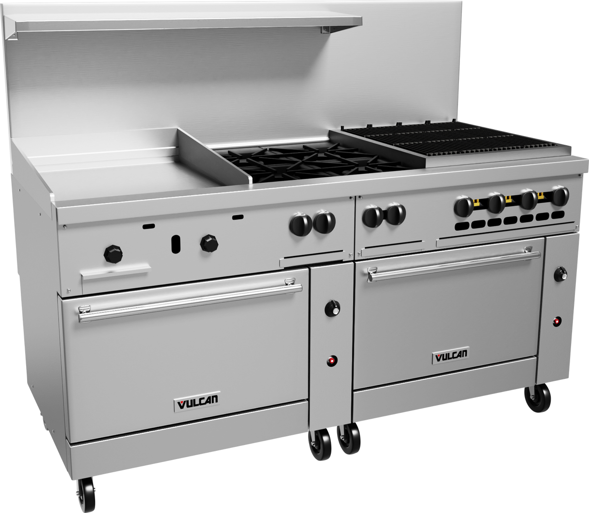 A commercial stainless steel restaurant range with two ovens, six gas burners, a gas griddle, and a broiler section. The unit is on wheels with black knobs and handles. The brand name Vulcan appears on both oven doors.