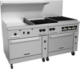 A commercial stainless steel restaurant range with two ovens, six gas burners, a gas griddle, and a broiler section. The unit is on wheels with black knobs and handles. The brand name Vulcan appears on both oven doors.