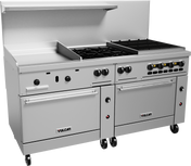 A commercial stainless steel restaurant range with two ovens, six gas burners, a gas griddle, and a broiler section. The unit is on wheels with black knobs and handles. The brand name Vulcan appears on both oven doors.