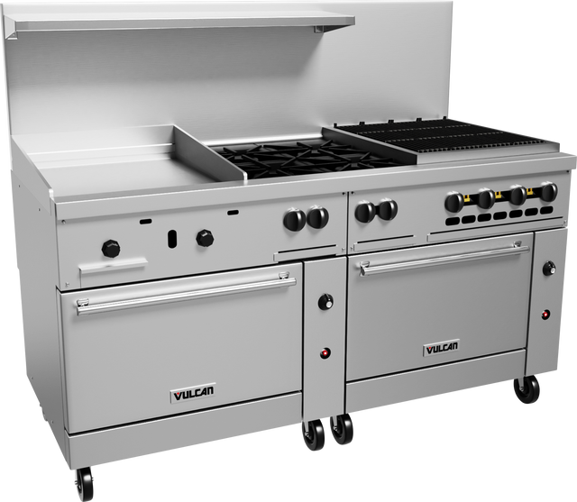 A commercial stainless steel restaurant range with two ovens, six gas burners, a gas griddle, and a broiler section. The unit is on wheels with black knobs and handles. The brand name Vulcan appears on both oven doors.