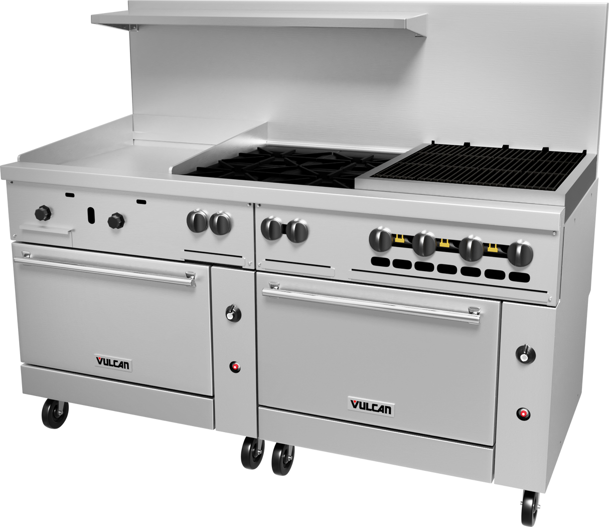 A large Vulcan commercial restaurant range with two ovens, six burners, a grill, and gas griddle. Features black knobs, a backsplash with shelf, and is mounted on wheels. The brand name appears on both lower oven doors.