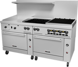 A large Vulcan commercial restaurant range with two ovens, six burners, a grill, and gas griddle. Features black knobs, a backsplash with shelf, and is mounted on wheels. The brand name appears on both lower oven doors.