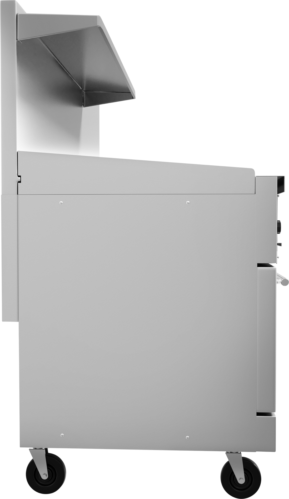 A side view of a modern, stainless steel utility or kitchen cart—ideal for supporting a gas griddle—with two black wheels, a flat work surface, and a right-side handle. The cart has clean lines and a minimalist design, shown against a plain white background.