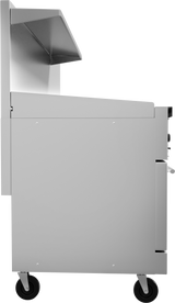 A side view of a modern, stainless steel utility or kitchen cart—ideal for supporting a gas griddle—with two black wheels, a flat work surface, and a right-side handle. The cart has clean lines and a minimalist design, shown against a plain white background.