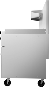 Side view of a silver, industrial stainless steel restaurant range on two black caster wheels. The machine features a rectangular body with a vented extension on top and a small handle on the left side. The background is plain white.