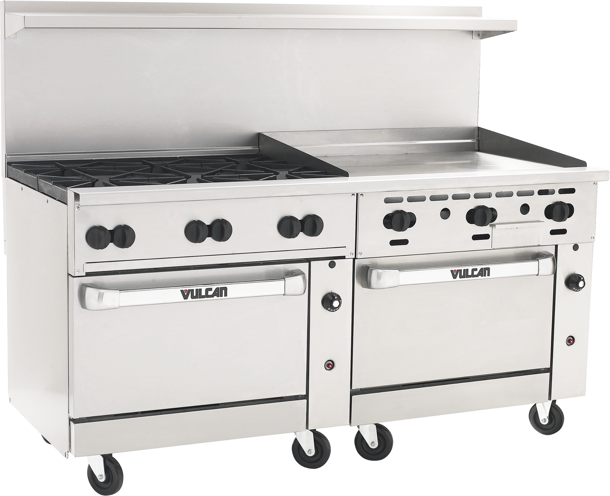 A stainless steel Vulcan restaurant range with six gas burners on the left, a thermostatic griddle on the right, two oven doors below, control knobs above each section, wheels for mobility, plus a backsplash and shelf for added convenience.