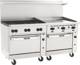 A stainless steel Vulcan restaurant range with six gas burners on the left, a thermostatic griddle on the right, two oven doors below, control knobs above each section, wheels for mobility, plus a backsplash and shelf for added convenience.