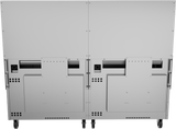 The image shows the back view of a large, stainless steel industrial appliance on wheels. It has two main panels with ventilation holes, rectangular compartments, and visible hinges, suggesting access panels for maintenance—ideal for a restaurant range.