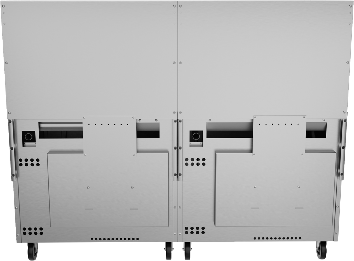 The image shows the back view of a large, metallic, industrial restaurant range on wheels. It features bolts, vents, rectangular panels, and two black power sockets against a plain white background. The smooth surface is finished in metallic gray.