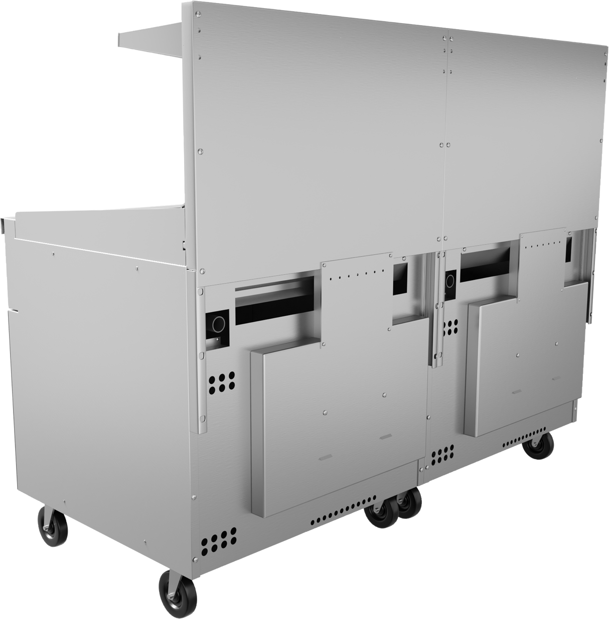 A large, stainless steel industrial kitchen cart with a high back panel, storage compartments, ventilation holes, and four black caster wheels for mobility; perfect for supporting a 72 inch range, viewed from an angled rear side against a plain background.