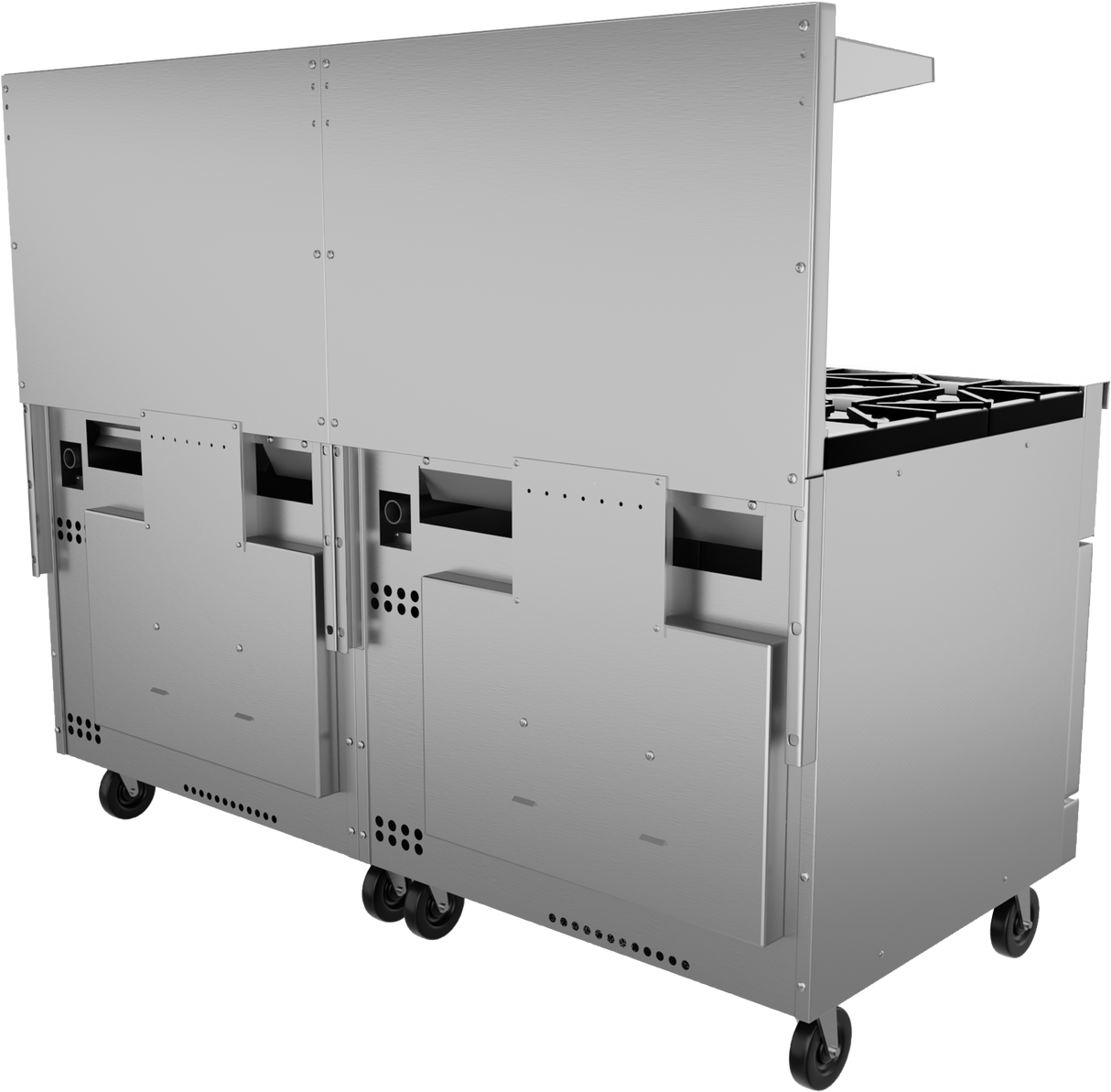 A large, industrial stainless steel restaurant range is shown on black caster wheels. The back view reveals two vented compartments with handles. The right side features a gas range stovetop and visible burner grates, with a metal shelf above.