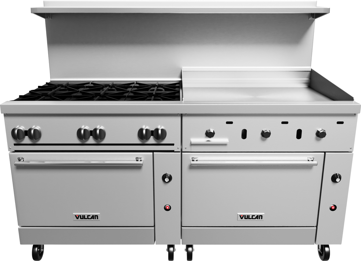 A large stainless steel Restaurant range with six gas burners on the left, a thermostatic griddle on the right, dual ovens below, multiple control knobs, and a raised backsplash. The Vulcan brand appears on both oven doors.