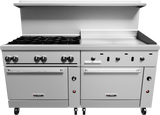 A large stainless steel Restaurant range with six gas burners on the left, a thermostatic griddle on the right, dual ovens below, multiple control knobs, and a raised backsplash. The Vulcan brand appears on both oven doors.
