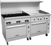 A large commercial stainless steel restaurant range with two ovens below, eight gas burners on the left, a 36" manual griddle surface on the right, and a backsplash with a top shelf; all on wheels. The brand name Vulcan appears on the front.