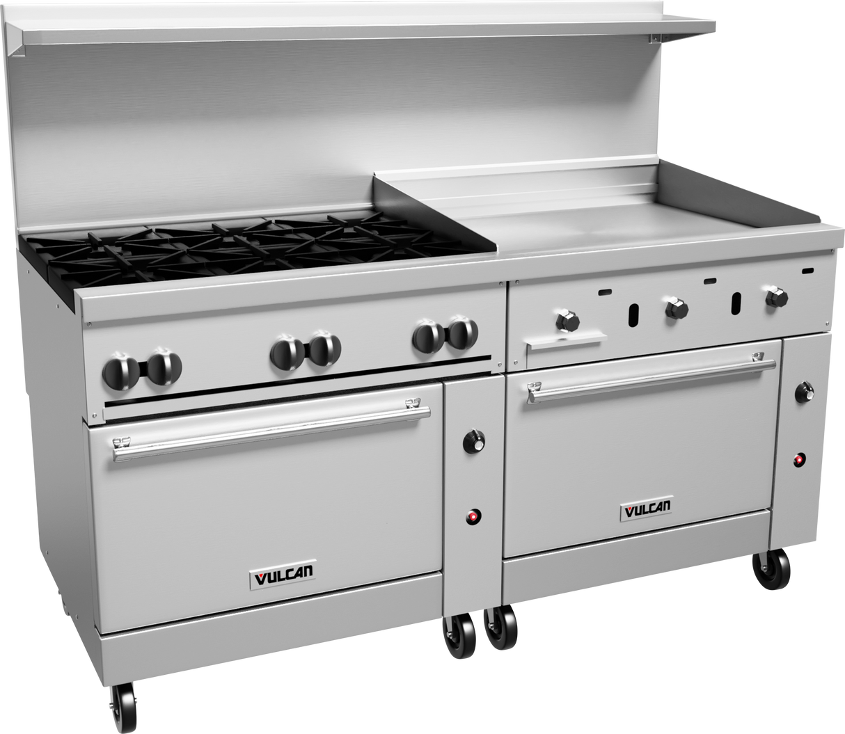 A large stainless steel Vulcan restaurant range features multiple gas burners, a thermostatic griddle, two ovens below, front control knobs, and a raised backsplash. The appliance is mounted on wheels for easy mobility.