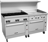 A large stainless steel Vulcan restaurant range features multiple gas burners, a thermostatic griddle, two ovens below, front control knobs, and a raised backsplash. The appliance is mounted on wheels for easy mobility.