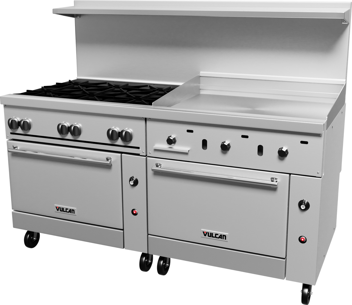 A commercial stainless steel restaurant range featuring six gas burners with knobs, a large thermostatic griddle, dual ovens below, control dials, side handles, wheels for mobility, and a backsplash shelf above.
