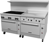 A commercial stainless steel restaurant range featuring six gas burners with knobs, a large thermostatic griddle, dual ovens below, control dials, side handles, wheels for mobility, and a backsplash shelf above.